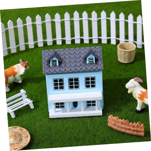 Hohopeti DIY-Minihaus-Bausatz aus Holz, blaue Miniaturdekoration mit grauem Dach