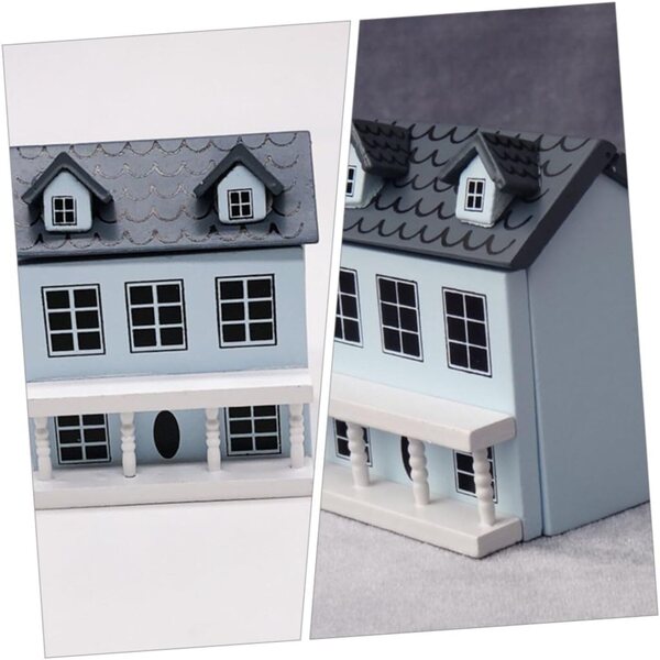 Hohopeti DIY-Minihaus-Bausatz aus Holz, blaue Miniaturdekoration mit grauem Dach