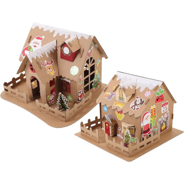 2-teiliges DIY-Weihnachtshaus-Set aus Pappe für Kinder, kreativ und sicher