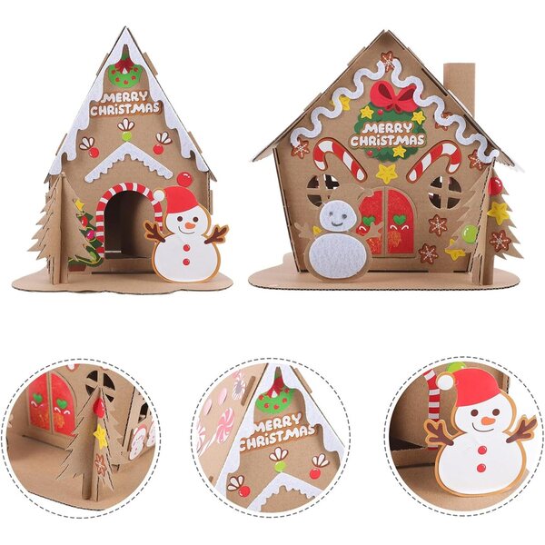 2-teiliges DIY-Weihnachtshaus-Set aus Pappe für Kinder, kreativ und sicher