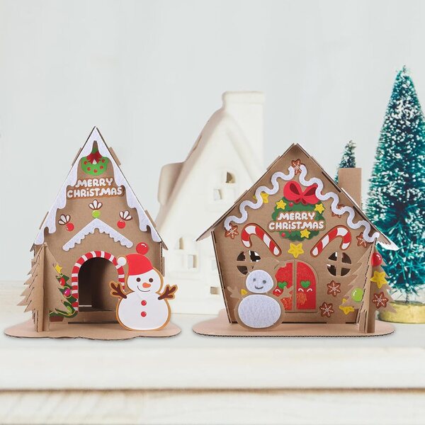 2-teiliges DIY-Weihnachtshaus-Set aus Pappe für Kinder, kreativ und sicher
