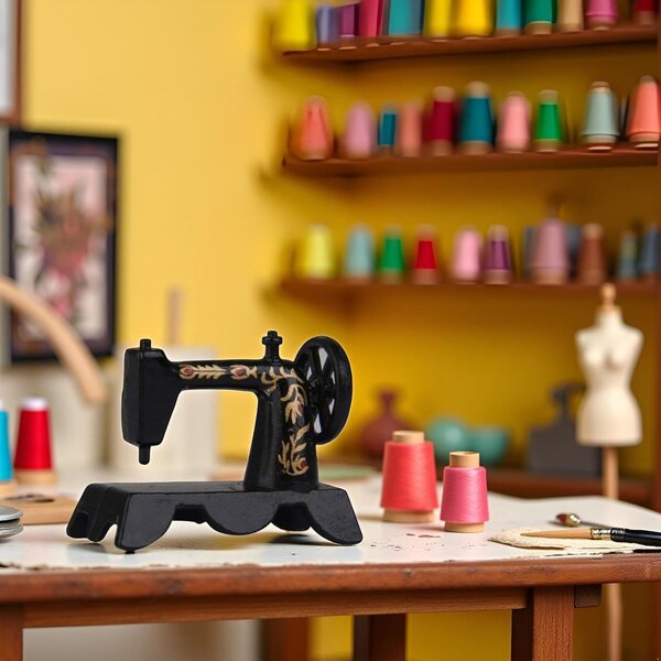 Mini-Nähmaschine aus schwarzer Legierung im Maßstab 1:12 für Puppenhaus und Dekoration
