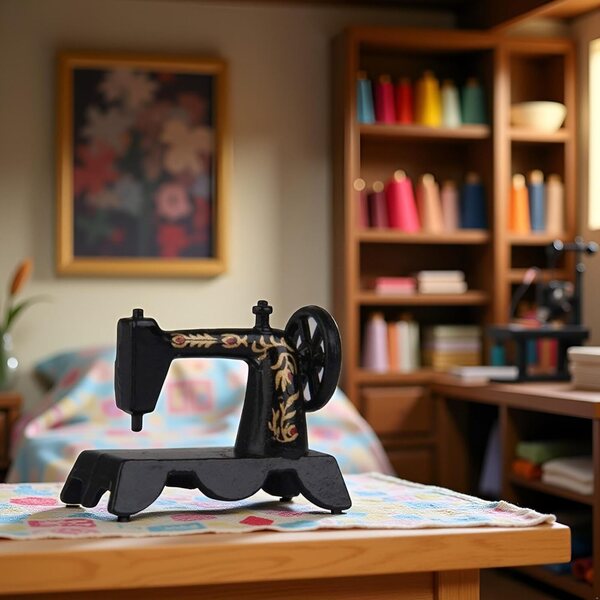 Mini-Nähmaschine aus schwarzer Legierung im Maßstab 1:12 für Puppenhaus und Dekoration