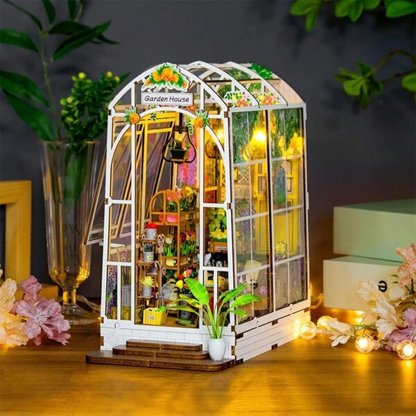 DIY-Kit Miniaturhaus aus Holz mit LED, ideale Dekoration für Bücherregale