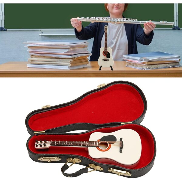 Miniatura chitarra in legno con supporto e custodia - decorazione elegante 13x5 cm