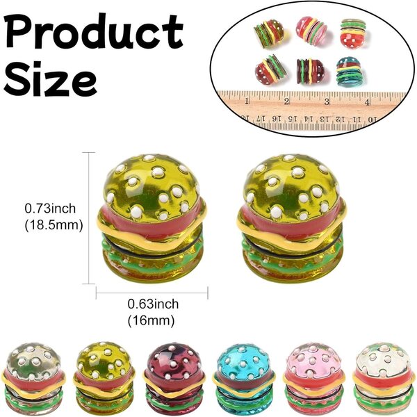 KitBeads 6 Perline Hamburger in Resina 3D per Artigianato Fai da Te e Decorazioni