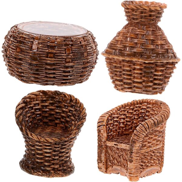 Set mobili miniatura in rattan per casa delle bambole, sedie e decorazioni realistiche