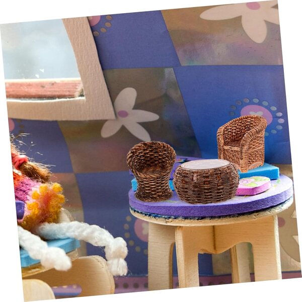 Set mobili miniatura in rattan per casa delle bambole, sedie e decorazioni realistiche