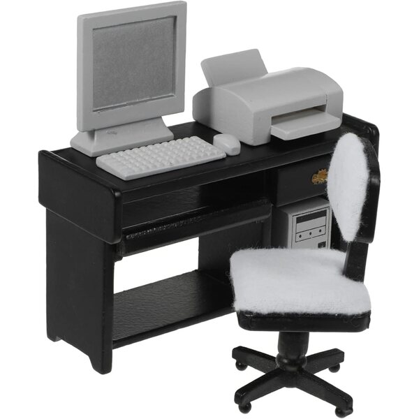 Set Miniature Beaupretty Computer in Legno Nero per Casa delle Bambole e Gioco Bambini