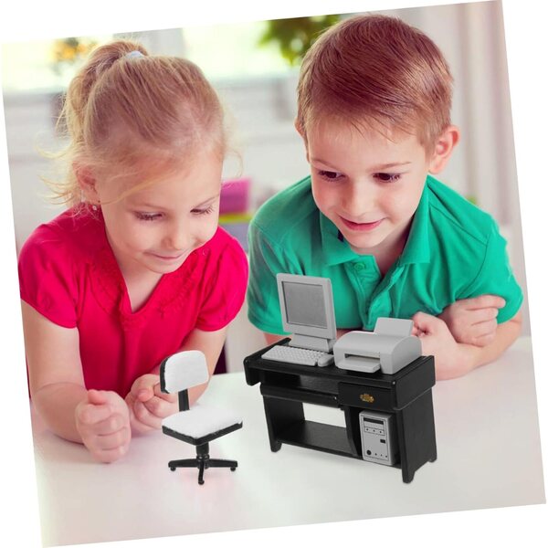 Set Miniature Beaupretty Computer in Legno Nero per Casa delle Bambole e Gioco Bambini