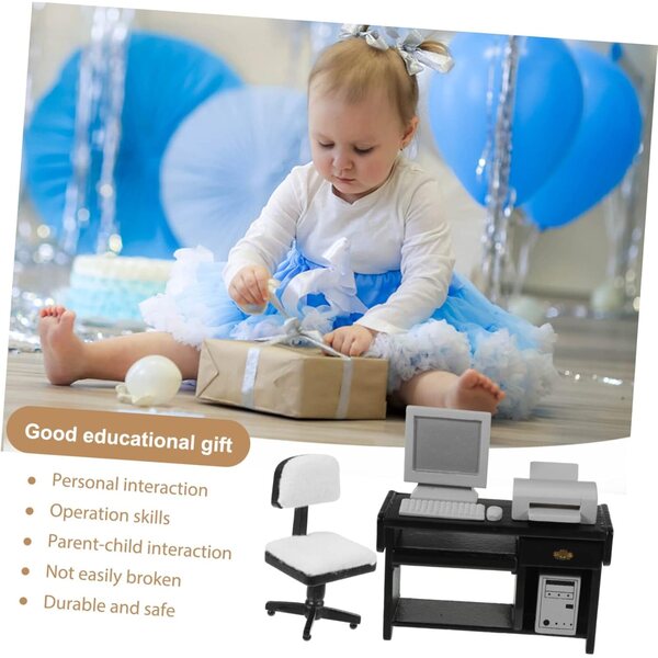 Set Miniature Beaupretty Computer in Legno Nero per Casa delle Bambole e Gioco Bambini