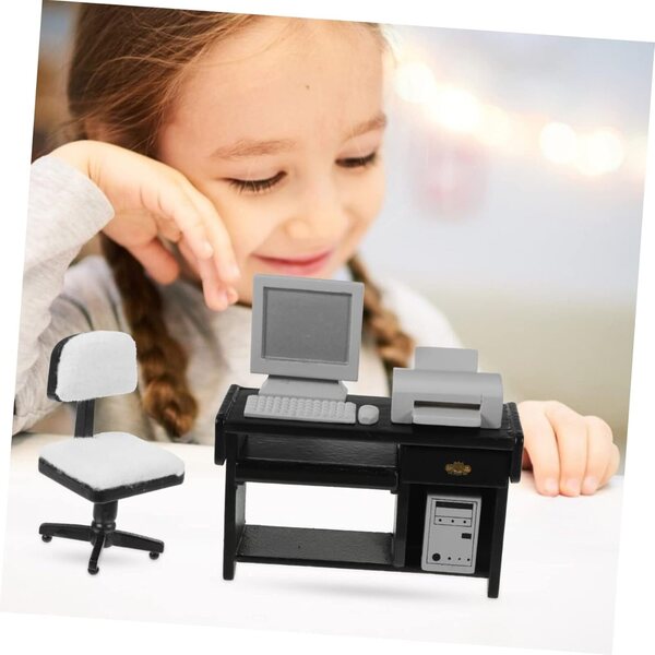 Set Miniature Beaupretty Computer in Legno Nero per Casa delle Bambole e Gioco Bambini