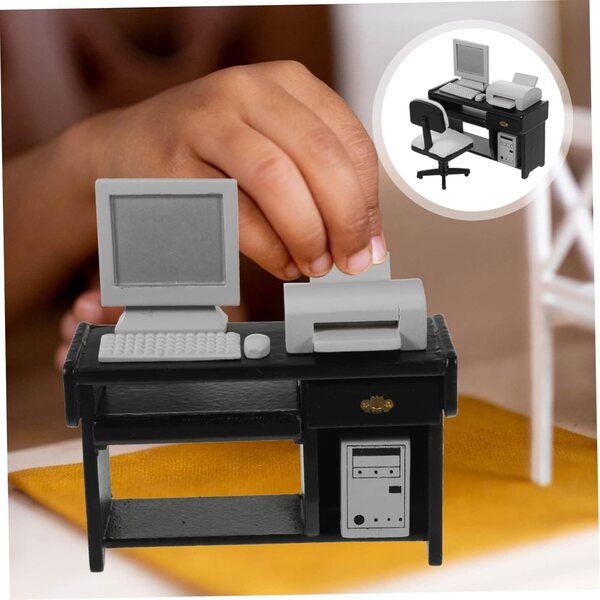 Set Miniature Beaupretty Computer in Legno Nero per Casa delle Bambole e Gioco Bambini