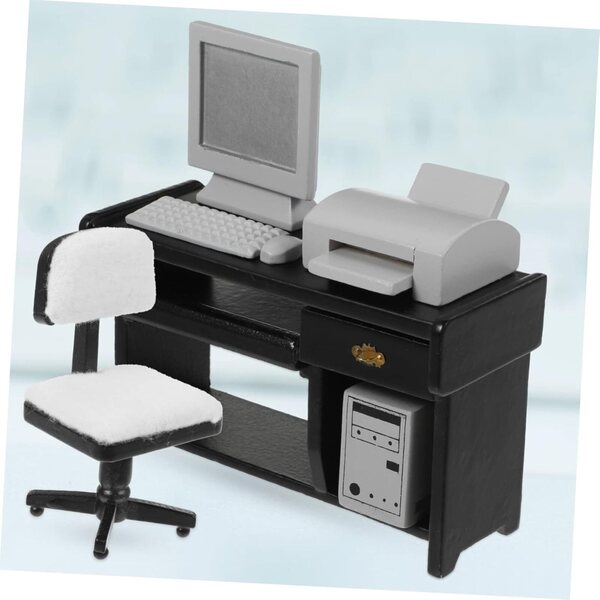 Set Miniature Beaupretty Computer in Legno Nero per Casa delle Bambole e Gioco Bambini