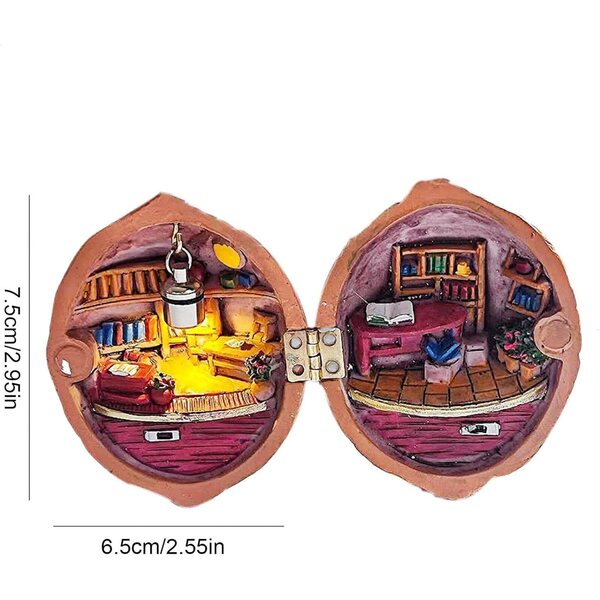 Biblioteca miniatura in guscio di noce fatta a mano - casa delle bambole in resina unica