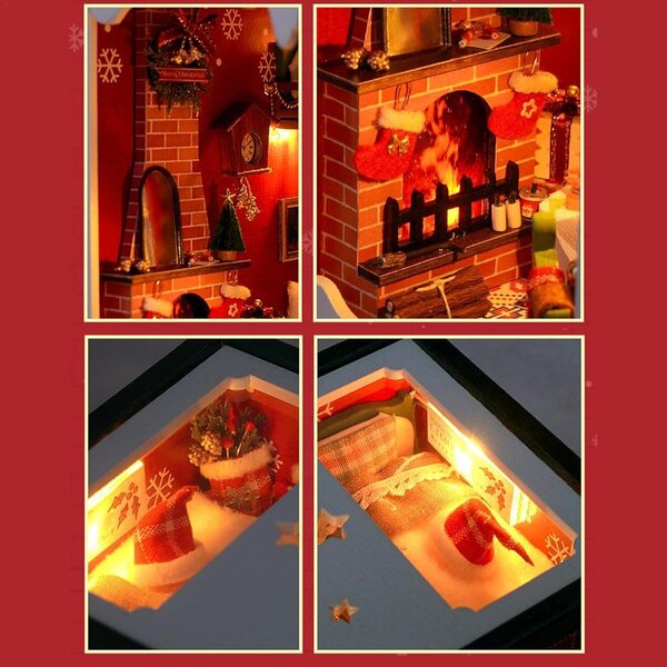 Kit Casa di Bambole Miniatura in Legno con Luci LED, Decorazione Natale 13,5x9x15 cm