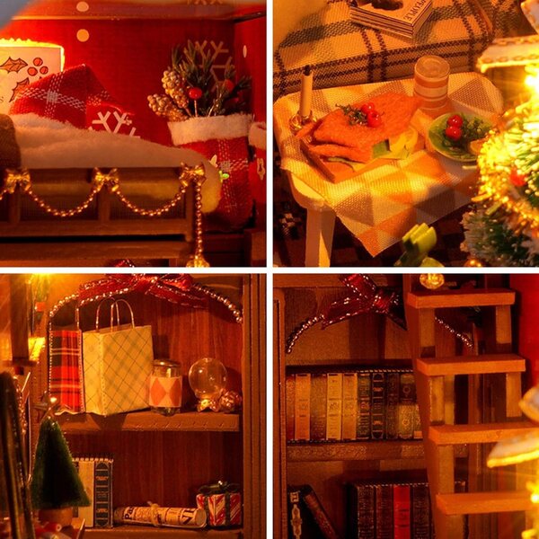 Kit Casa di Bambole Miniatura in Legno con Luci LED, Decorazione Natale 13,5x9x15 cm