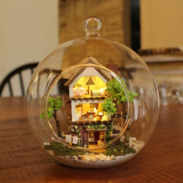 Restokki Kit Casa delle Bambole in Legno e Vetro con Mobili, 14 cm, DIY creativo