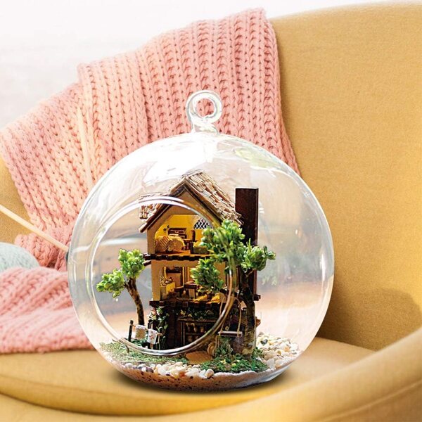 Restokki Kit Casa delle Bambole in Legno e Vetro con Mobili, 14 cm, DIY creativo