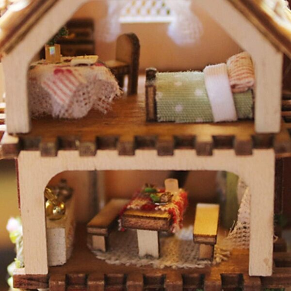 Restokki Kit Casa delle Bambole in Legno e Vetro con Mobili, 14 cm, DIY creativo