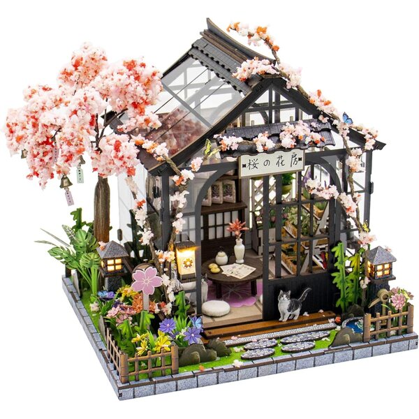 Spilay Kit Casa Miniatura Giardino Sakura con LED, Kit DIY Decorazione Creativa