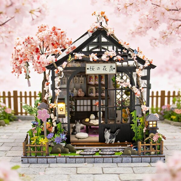 Spilay Kit Casa Miniatura Giardino Sakura con LED, Kit DIY Decorazione Creativa