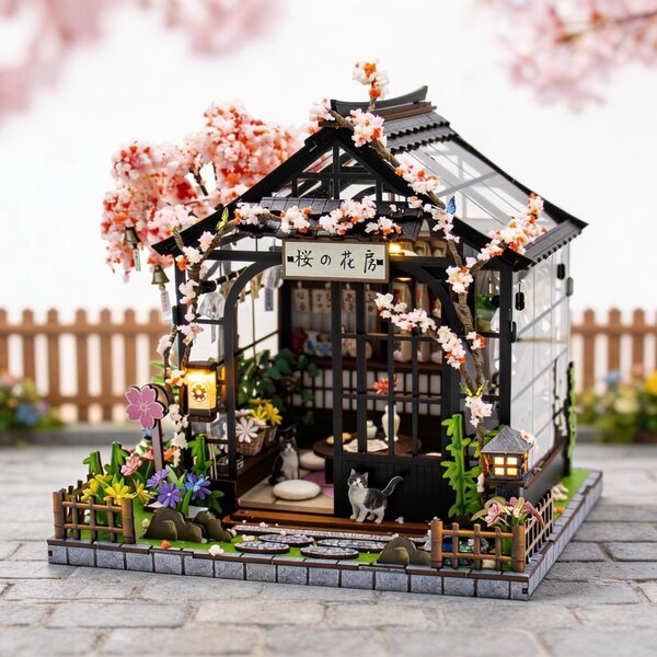 Spilay Kit Casa Miniatura Giardino Sakura con LED, Kit DIY Decorazione Creativa