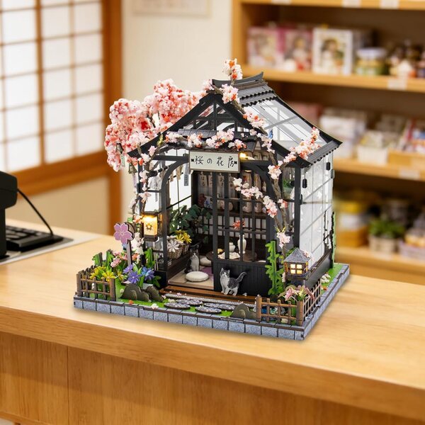 Spilay Kit Casa Miniatura Giardino Sakura con LED, Kit DIY Decorazione Creativa