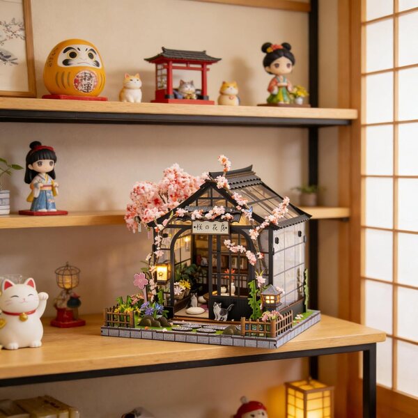 Spilay Kit Casa Miniatura Giardino Sakura con LED, Kit DIY Decorazione Creativa