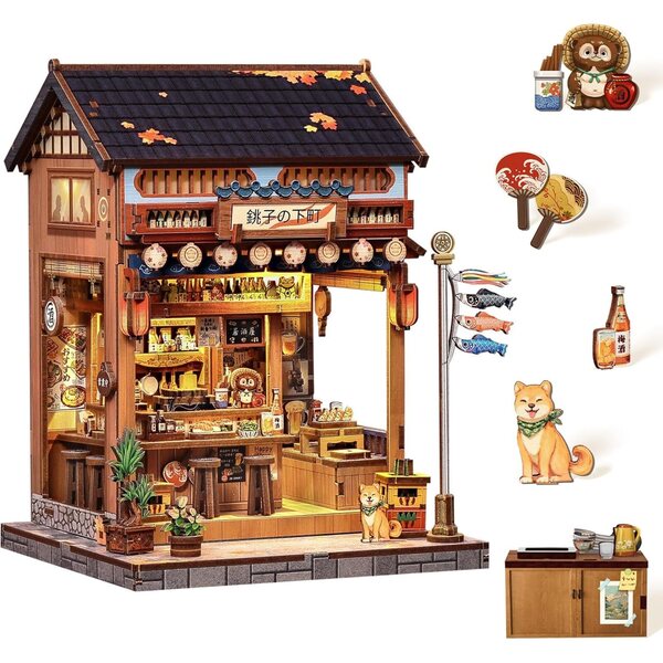 3D-Miniaturhaus-Bausatz aus Holz mit LED – Sakura-Dekoration und kreatives Bücherregal