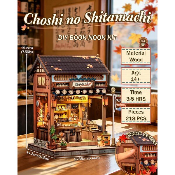 3D-Miniaturhaus-Bausatz aus Holz mit LED – Sakura-Dekoration und kreatives Bücherregal