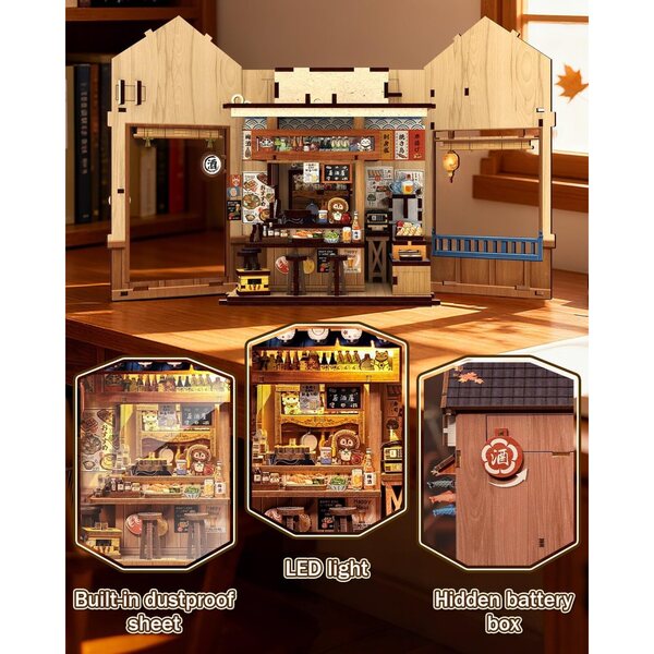 3D-Miniaturhaus-Bausatz aus Holz mit LED – Sakura-Dekoration und kreatives Bücherregal