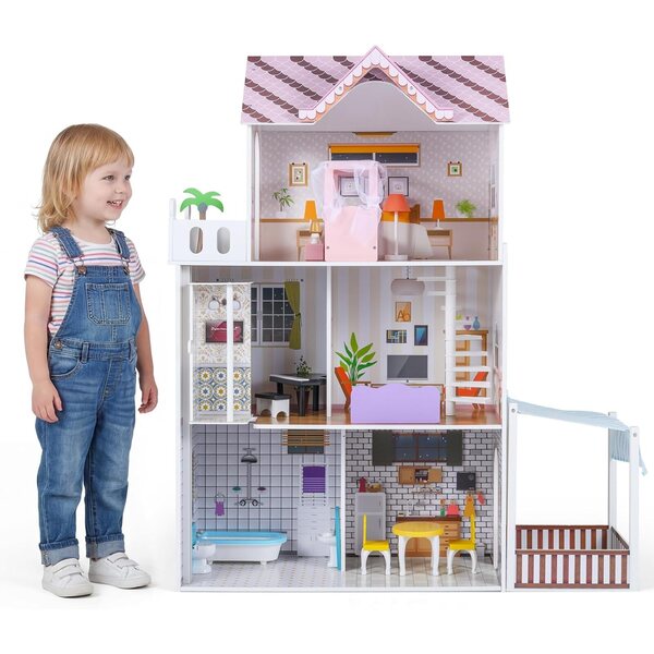 3-stöckiges Puppenhaus aus Holz mit 7 Zimmern, 15 Möbelstücken, Aufzug und rosafarbener Treppe