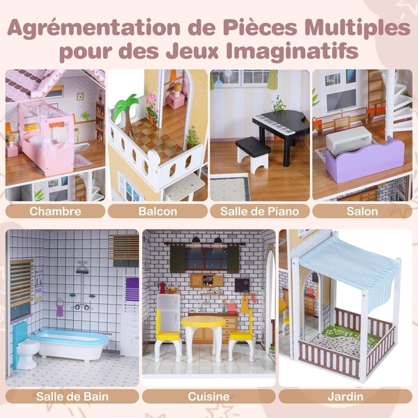 3-stöckiges Puppenhaus aus Holz mit 7 Zimmern, 15 Möbelstücken, Aufzug und rosafarbener Treppe