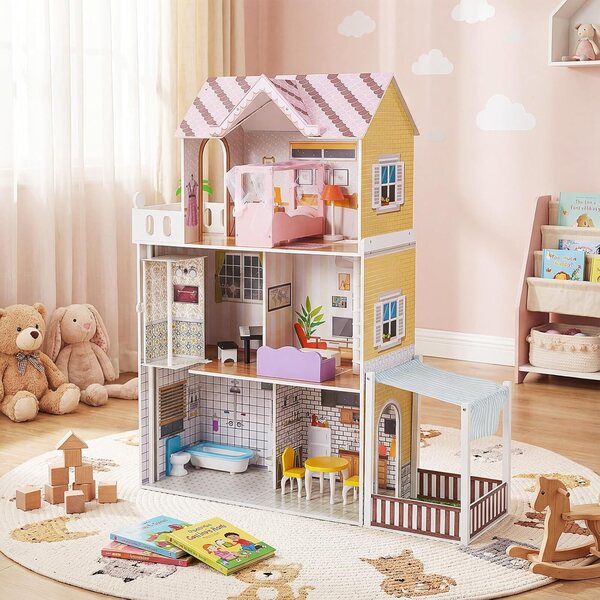 3-stöckiges Puppenhaus aus Holz mit 7 Zimmern, 15 Möbelstücken, Aufzug und rosafarbener Treppe