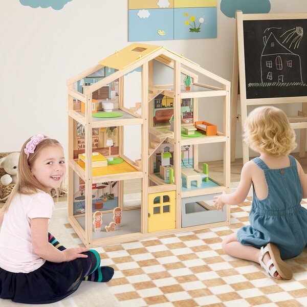4-stöckiges Puppenhaus aus Holz mit 21 Möbeln und 3 Figuren, interaktives Spiel 3+