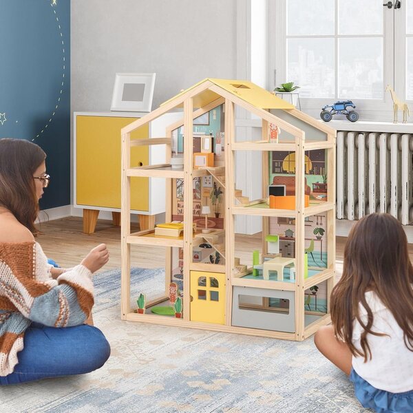 4-stöckiges Puppenhaus aus Holz mit 21 Möbeln und 3 Figuren, interaktives Spiel 3+