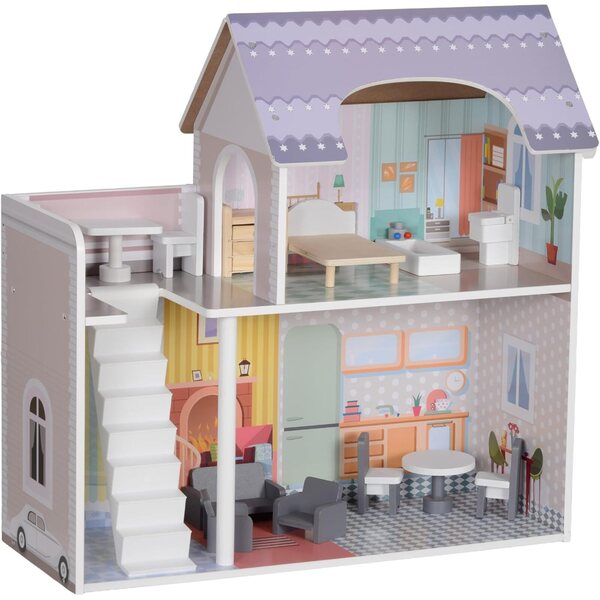 Casa delle bambole AIYAPLAY in legno con balcone e 13 mobili, 2 piani, 60 cm