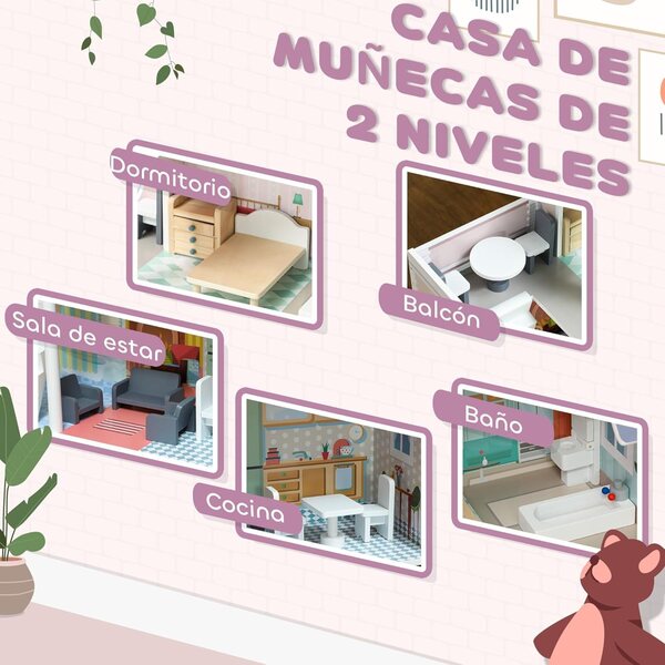 Casa delle bambole AIYAPLAY in legno con balcone e 13 mobili, 2 piani, 60 cm