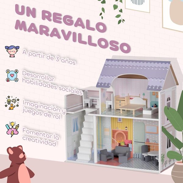 Casa delle bambole AIYAPLAY in legno con balcone e 13 mobili, 2 piani, 60 cm