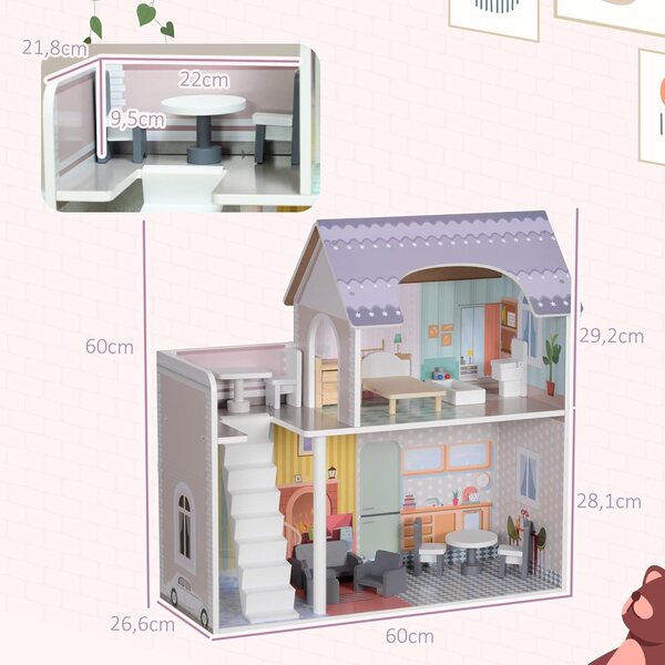 Casa delle bambole AIYAPLAY in legno con balcone e 13 mobili, 2 piani, 60 cm