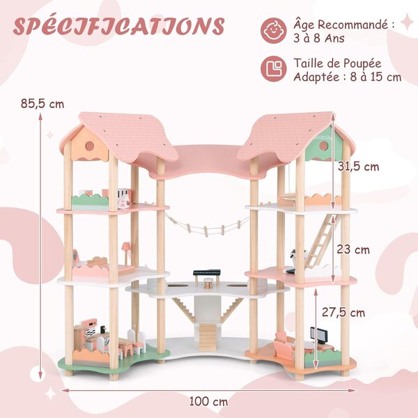 3-stöckiges Puppenhaus aus Holz mit 31 realistischen Zubehörteilen – für Kinder von 3 bis 8 Jahren