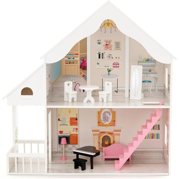 DREAMADE Puppenhaus 2 Etagen aus MDF mit Zubehör und Einrichtung, 81x30x86 cm, Weiß