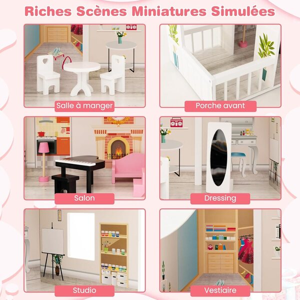 DREAMADE Puppenhaus 2 Etagen aus MDF mit Zubehör und Einrichtung, 81x30x86 cm, Weiß