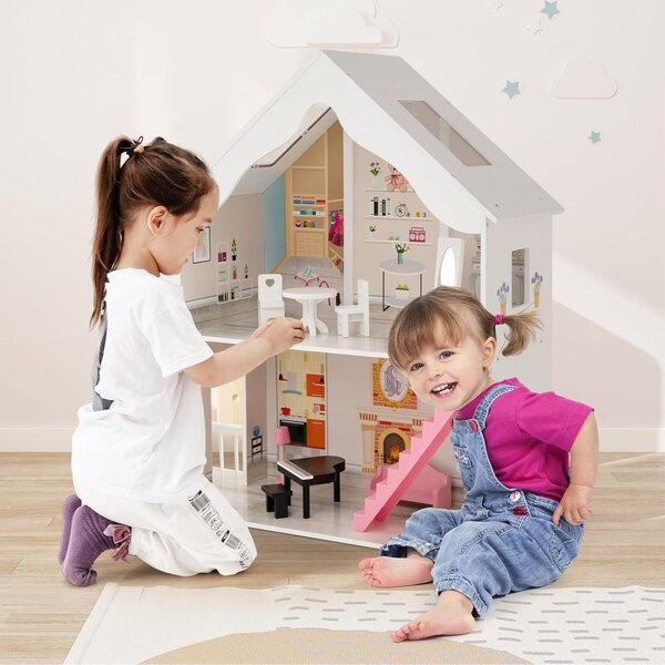 DREAMADE Puppenhaus 2 Etagen aus MDF mit Zubehör und Einrichtung, 81x30x86 cm, Weiß
