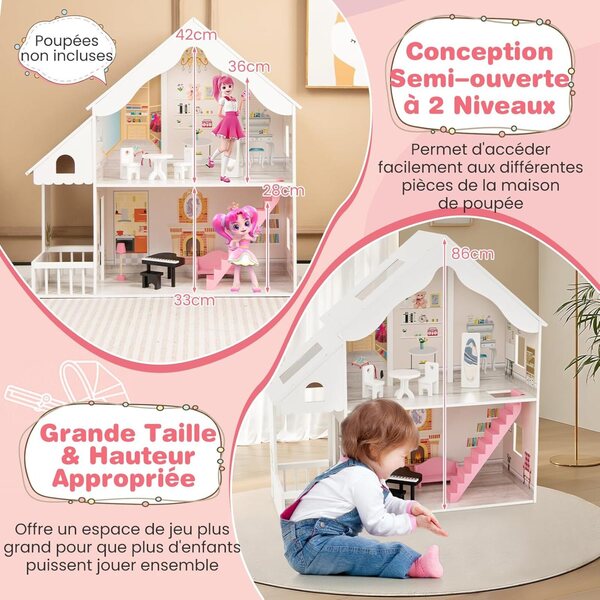 DREAMADE Puppenhaus 2 Etagen aus MDF mit Zubehör und Einrichtung, 81x30x86 cm, Weiß