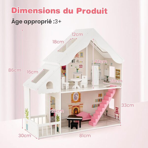 DREAMADE Puppenhaus 2 Etagen aus MDF mit Zubehör und Einrichtung, 81x30x86 cm, Weiß