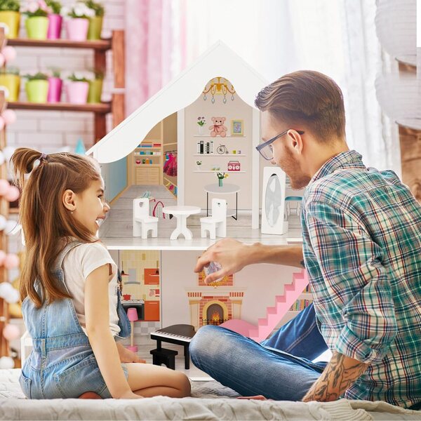DREAMADE Puppenhaus 2 Etagen aus MDF mit Zubehör und Einrichtung, 81x30x86 cm, Weiß