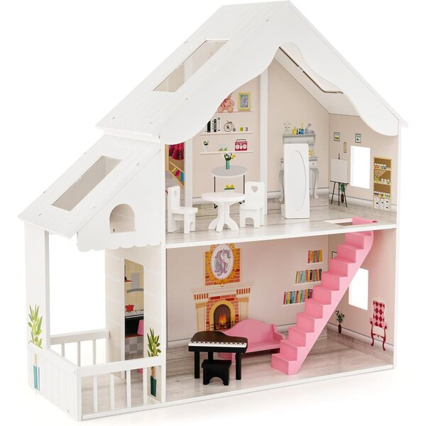 2-stöckiges Puppenhaus aus Holz mit 6 Zimmern und 8 Möbeln, kreatives Spielzeug für Kinder