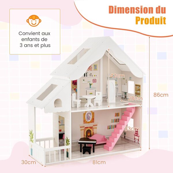 2-stöckiges Puppenhaus aus Holz mit 6 Zimmern und 8 Möbeln, kreatives Spielzeug für Kinder